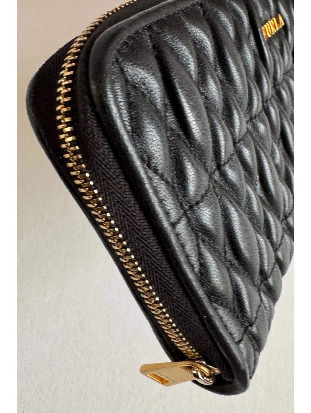 Furla Black Quilted Leather Continental Zip Around Wallet Gold Hardware Italy